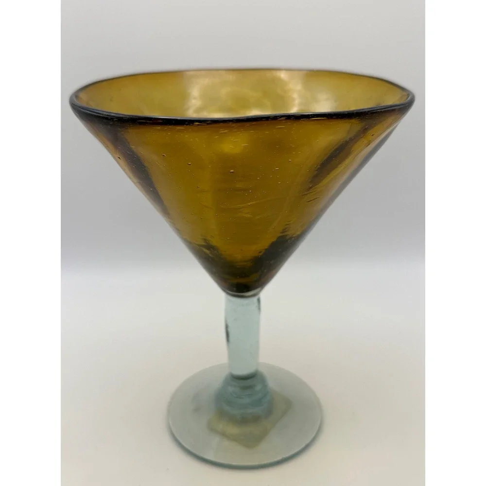 Hand Blown Amber Mexican Glass Martini Glasses Clear Stem‎ Seeded Glass Set of 4
